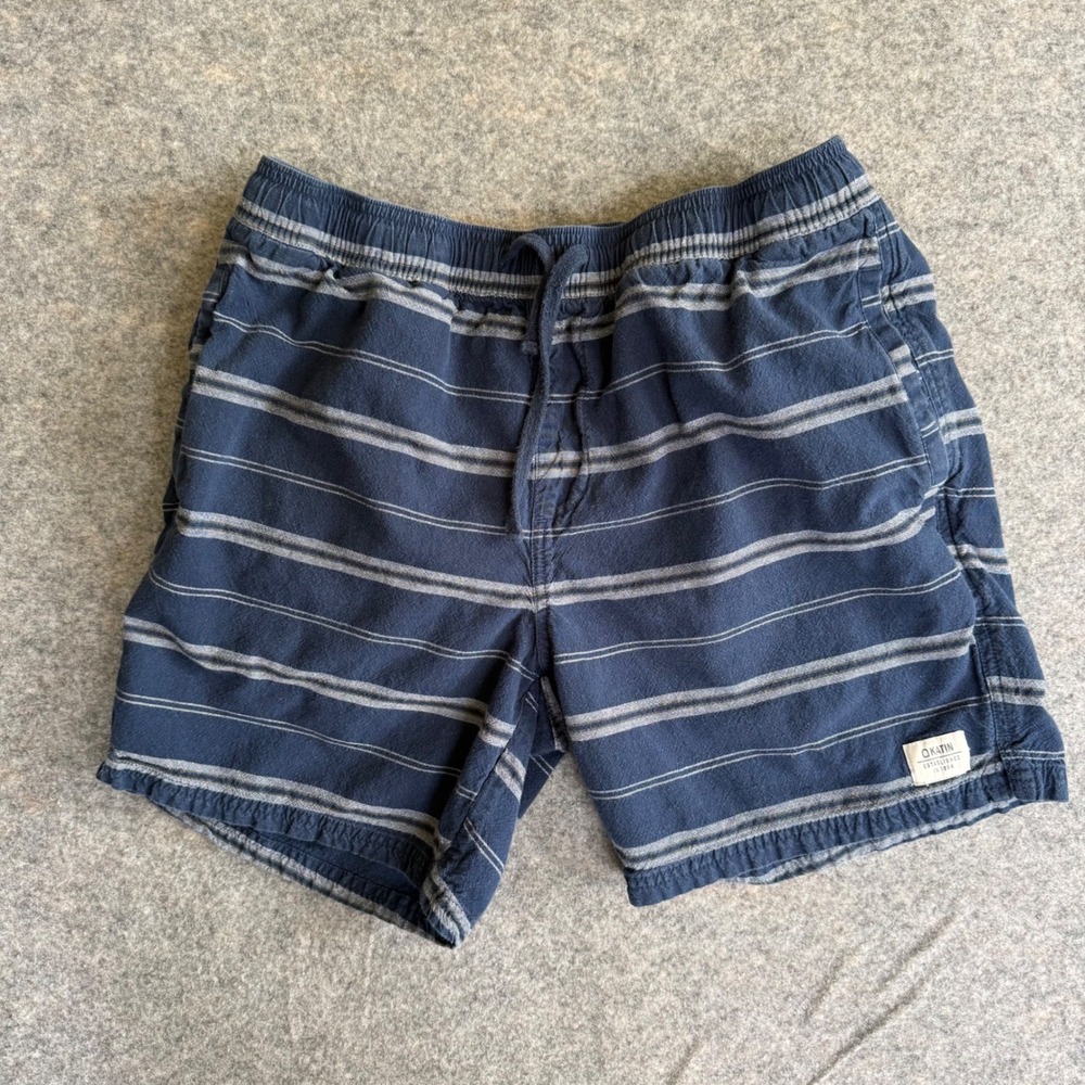 Katin Mens Navy Blue Striped Elastic Waist Surf Shorts Size Large 5.5 Inseam